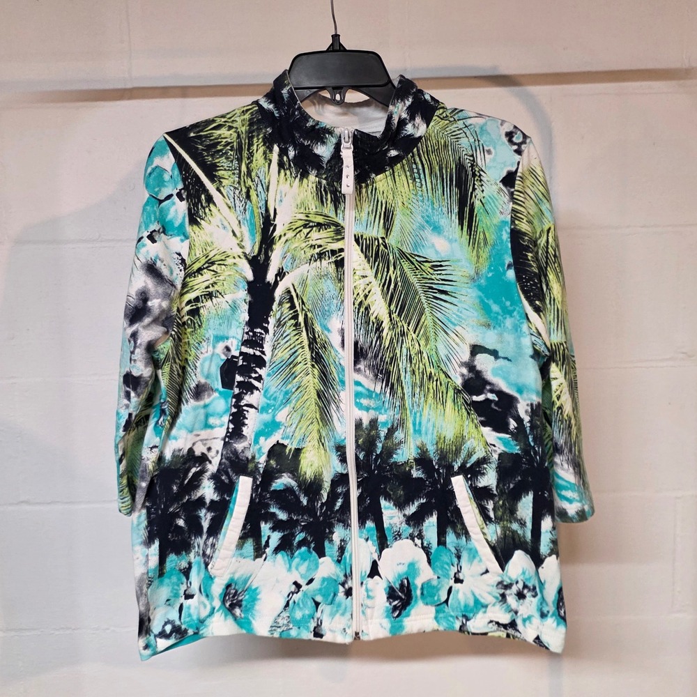 Onque Casuals Womens L Tropical Palm Tree Floral Full Zip Jacket Turquoise Green